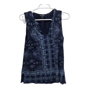 Lucky Brand Printed Sleeveless Peasant Top Medium Indigo Blue Boho
